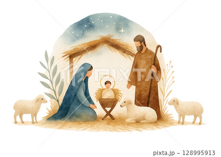 Watercolor nativity scene with Mary Joseph and baby Jesus isolated in stable with lambs 128995913