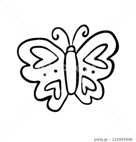 Simple Black and White Butterfly Illustration with Heart Decorated Wings Simple Black and White Butterfly Illustration with Heart Decorated Wings 128995986