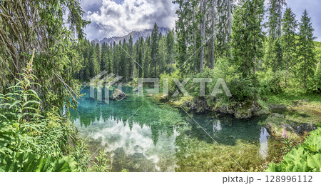 The emerald green Lake Carezza reflecting Latemar mountain, Dolomites, Italy 128996112