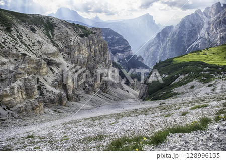 Hiking trail leading to Tre Cime di Lavaredo, Dolomites, Italy Hiking trail leading to Tre Cime di Lavaredo, Dolomites, Italy 128996135