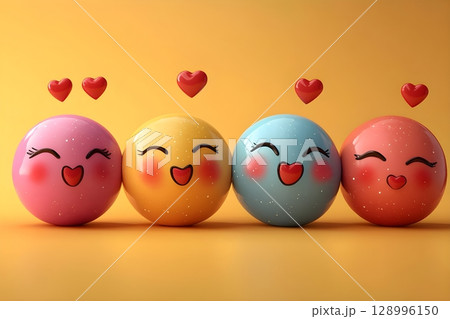 A cheerful illustration of colorful, smiling spheres with hearts above them, symbolizing happiness and friendship against a bright orange background. 128996150