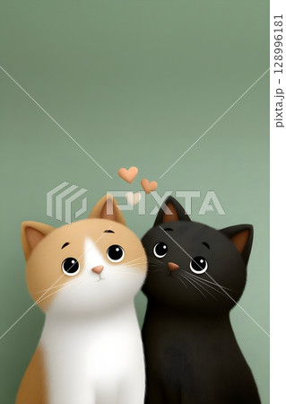 Adorable 3D illustration of a ginger and black kitten with big eyes, looking up lovingly with hearts above. Ideal for themes of friendship, affection, and cute animal art. 128996181