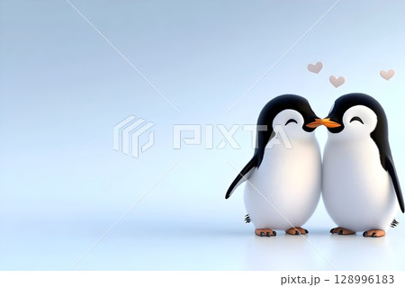 Adorable illustration of two penguins touching beaks with small hearts above them, set against a minimalist blue background. This image symbolizes love, friendship, and connection in nature. 128996183