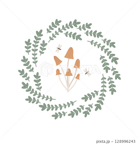 Autumn wreath with brown mushrooms and fern leaves 128996243