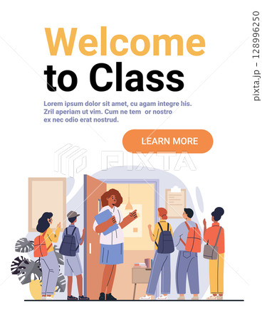 Teacher welcoming students classroom back to school diverse children backpacks entering open door modern education flat landing page 128996250