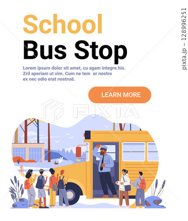 School bus stop children waiting boarding yellow vehicle driver outdoor backpacks autumn landscape web banner School bus stop children waiting boarding yellow vehicle driver outdoor backpacks autumn landscape web banner 128996251
