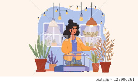 Woman indoor gardening houseplants terrarium care cozy home scene string lights potted plants modern interior flat design 128996261