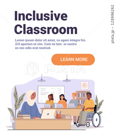 Inclusive classroom diverse students learning teacher desk wheelchair collaborative education laptops books modern school interior website banner Inclusive classroom diverse students learning teacher desk wheelchair collaborative education laptops books modern school interior website banner 128996262