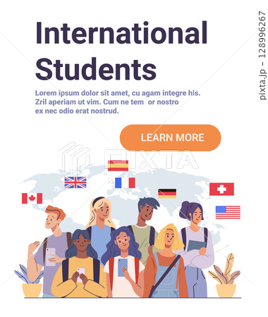 International students multicultural group world map diverse young people with backpacks and smartphones national flags decorative plants website banner 128996267