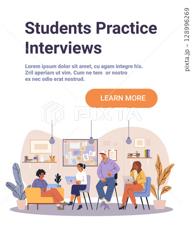 Students practice interviews group discussion teamwork classroom setting diverse young people seated with laptops modern interior plants notice board website banner Students practice interviews group discussion teamwork classroom setting diverse young people seated with laptops modern interior plants notice board website banner 128996269