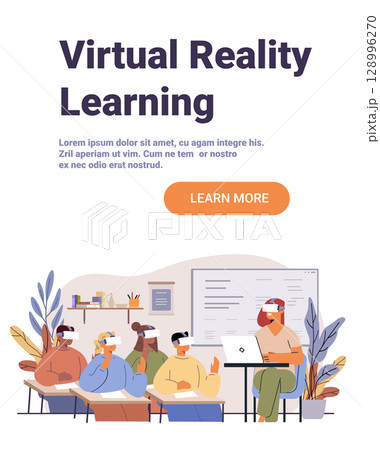 Virtual reality classroom students teacher technology immersive education modern school interior plants whiteboard desks digital learning landing page 128996270