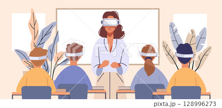 Students classroom virtual reality teacher modern education technology learning people sitting at desks plants background interactive lesson Students classroom virtual reality teacher modern education technology learning people sitting at desks plants background interactive lesson 128996273