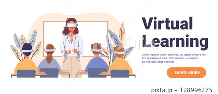 Virtual learning classroom teacher students VR headsets modern technology education plants abstract background website banner 128996275