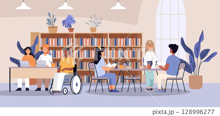 Students studying library back to school diversity group reading books laptops teamwork bookshelves plants modern interior academic learning Students studying library back to school diversity group reading books laptops teamwork bookshelves plants modern interior academic learning 128996277