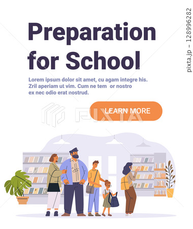 Family preparing for school shopping bookstore parents children backpacks indoor plants bookshelves modern landing page Family preparing for school shopping bookstore parents children backpacks indoor plants bookshelves modern landing page 128996282