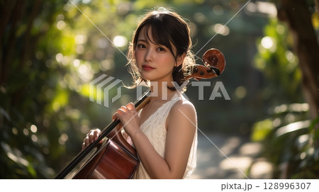 森の中でチェロを構える若い日本人女性 128996307