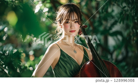森の中でチェロを構える若い日本人女性 森の中でチェロを構える若い日本人女性 128996308