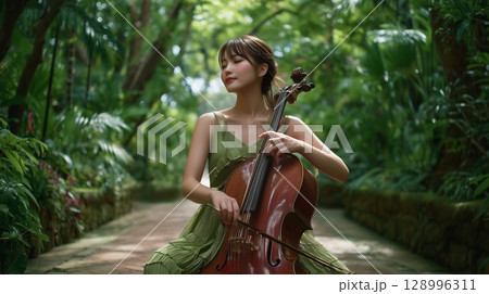 森の中でチェロを構える若い日本人女性 128996311