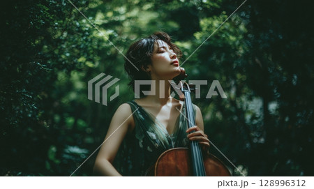 森の中でチェロを構える若い日本人女性 128996312