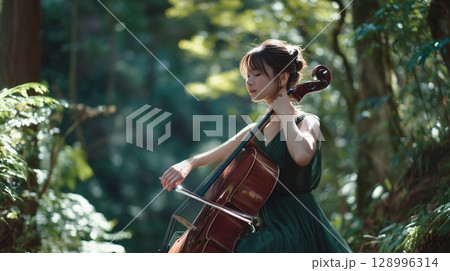 森の中でチェロを構える若い日本人女性 128996314