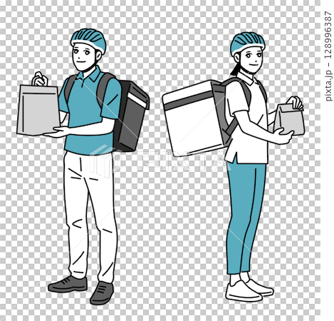 Male and female delivery staff carrying luggage 128996387