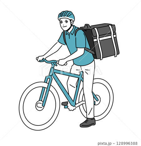 自転車に乗って荷物を届ける男性のフード配達員 128996388