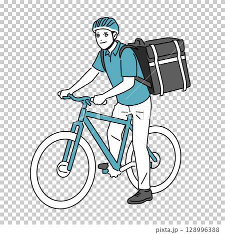 自転車に乗って荷物を届ける男性のフード配達員 128996388