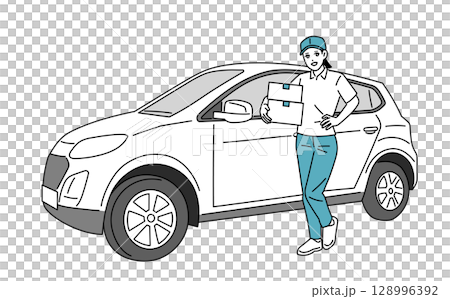 A female delivery person making deliveries by car 128996392