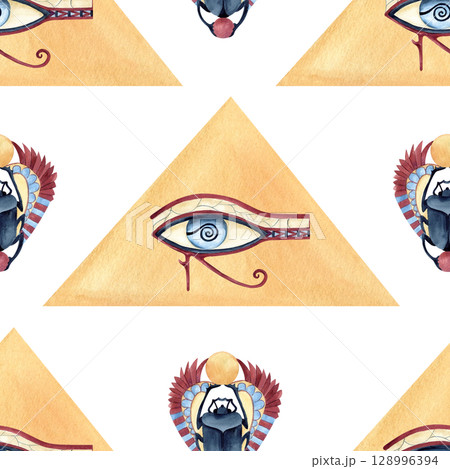Egyptian abstract pyramid, eye of Horus, Scarab beetle seamless pattern. Ancient repeat religion icon, symbol. Watercolor illustration isolated from background. African Arab style for packaging 128996394