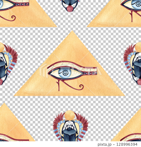 Egyptian abstract pyramid, eye of Horus, Scarab beetle seamless pattern. Ancient repeat religion icon, symbol. Watercolor illustration isolated from background. African Arab style for packaging 128996394