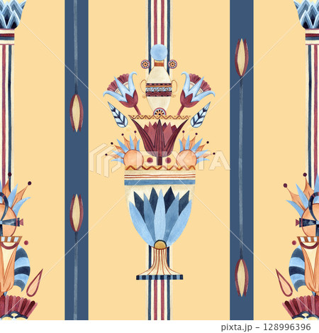 Egyptian ornament sacred lotus, ancient column vase seamless pattern. Ethnic symbols. Watercolor colorful illustration isolated on yellow background. For souvenir products, textile, wallpaper 128996396