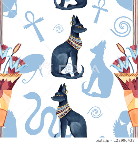 Egyptian seamless pattern with Bastet and sacred lotus in ancient vase, Ankh. Religion icon, symbol. Ornament abstract shadows. Watercolor illustration isolated from background with blue graphics Egyptian seamless pattern with Bastet and sacred lotus in ancient vase, Ankh. Religion icon, symbol. Ornament abstract shadows. Watercolor illustration isolated from background with blue graphics 128996435