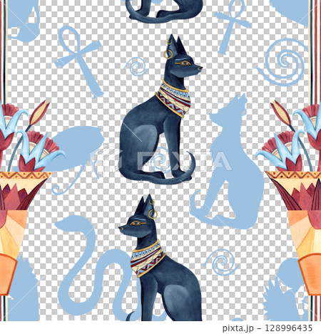 Egyptian seamless pattern with Bastet and sacred lotus in ancient vase, Ankh. Religion icon, symbol. Ornament abstract shadows. Watercolor illustration isolated from background with blue graphics Egyptian seamless pattern with Bastet and sacred lotus in ancient vase, Ankh. Religion icon, symbol. Ornament abstract shadows. Watercolor illustration isolated from background with blue graphics 128996435