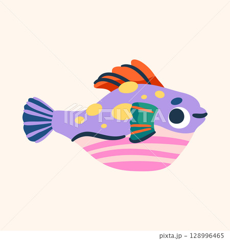 Vector colorful fish icon. Underwater tropical animal or ocean, sea or aquarium fauna. Exotic nautical color swimming creature clipart. Water ecosystem, biodiversity element. Biology and nature sign. 128996465