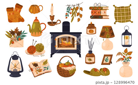 Autumn interior decoration elements. Vector icon for indoor house or home ornament, room furniture. Fall herbarium in vase and warm socks, slippers, candle and book pile, fireplace. Thanksgiving. 128996470