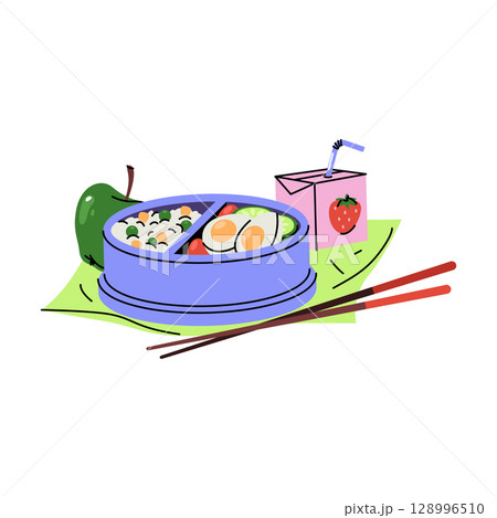 Vector lunchbox with healthy meal. Bento box with apple fruit and boiled eggs, rice. Packed lunch container with nutritious food portion. Homemade takeaway for school or office. Nutrition, diet. Vector lunchbox with healthy meal. Bento box with apple fruit and boiled eggs, rice. Packed lunch container with nutritious food portion. Homemade takeaway for school or office. Nutrition, diet. 128996510