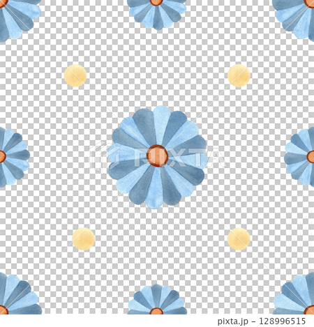 Abstract cute blue flowers seamless pattern. Watercolor ornament with yellow circles isolated illustration from background. Ethnic culture concept, children's style for textile, stationery, packaging Abstract cute blue flowers seamless pattern. Watercolor ornament with yellow circles isolated illustration from background. Ethnic culture concept, children's style for textile, stationery, packaging 128996515
