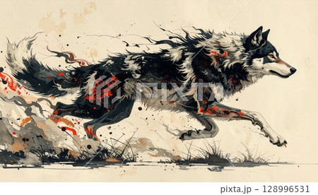 走る狼の墨絵 / Sumi-e Painting of a Running Wolf 128996531