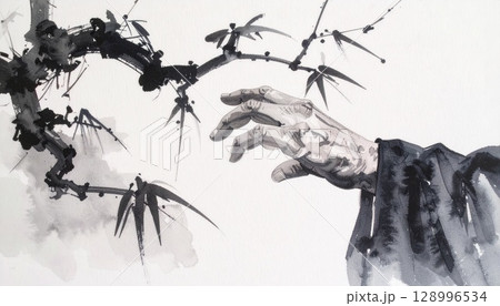 竹に向かう手の墨絵 / Ink Painting of Hand Reaching for Bamb 128996534