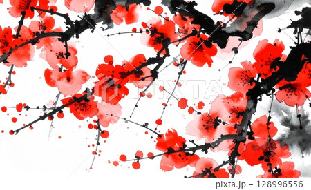 赤い梅の花の墨絵 / Red Plum Blossoms in Ink 128996556