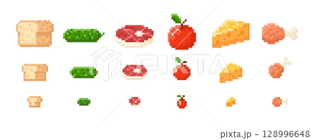 Meat, fruits and vegetables, milk and bakery food pixel art vector icons set, 8 bit video game design different sizes 128996648