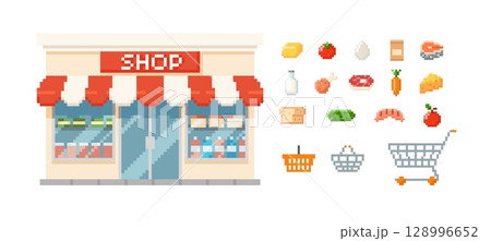 Shop and supermarket building, food products, shopping cart and basket pixel art vector icons set, 8 bit food assortment Shop and supermarket building, food products, shopping cart and basket pixel art vector icons set, 8 bit food assortment 128996652