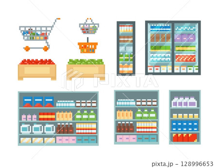 Supermarket. Vector pixel set of a shopping cart, refrigerator, shelf, racks with products. 128996653