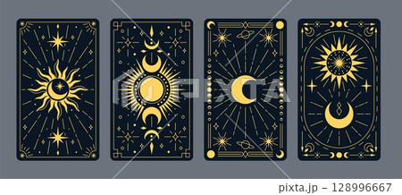 Set of tarot cards with celestial elements: moon, sun, stars, planets on a dark background. 128996667