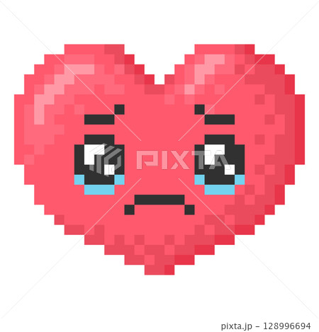 Cry kawaii emoji emoticon heart shape face vector pixel art, unhappy sad red face, eyes with tears, 8 bit weep avatar 128996694