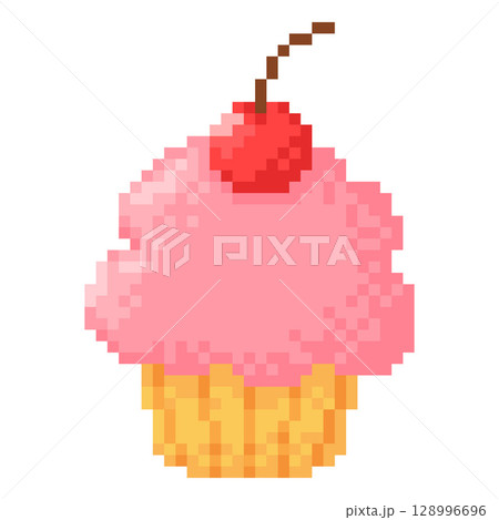 Cupcake with cherry berry pixel art icon, vector biscuit sweet dessert bakery, retro 8bit muffin with pink cream topping Cupcake with cherry berry pixel art icon, vector biscuit sweet dessert bakery, retro 8bit muffin with pink cream topping 128996696