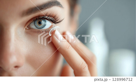 Young Woman Inserting Contact Lens During Morning Routine	 Young Woman Inserting Contact Lens During Morning Routine	 128996712