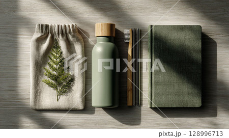 Eco Friendly Summer Travel Essentials on Wooden Surface	 Eco Friendly Summer Travel Essentials on Wooden Surface	 128996713