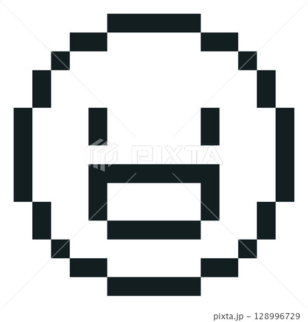 Happy emoji emoticon, vector pixel black outline 8bit smile face with laugh open mouth, cute funny cheerful retro avatar 128996729