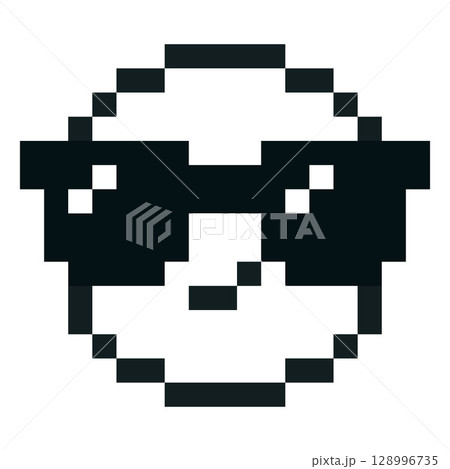 Happy emoji emoticon pixel vector icon, black outline smile face wears sunglasses, cute retro video game positive avatar Happy emoji emoticon pixel vector icon, black outline smile face wears sunglasses, cute retro video game positive avatar 128996735